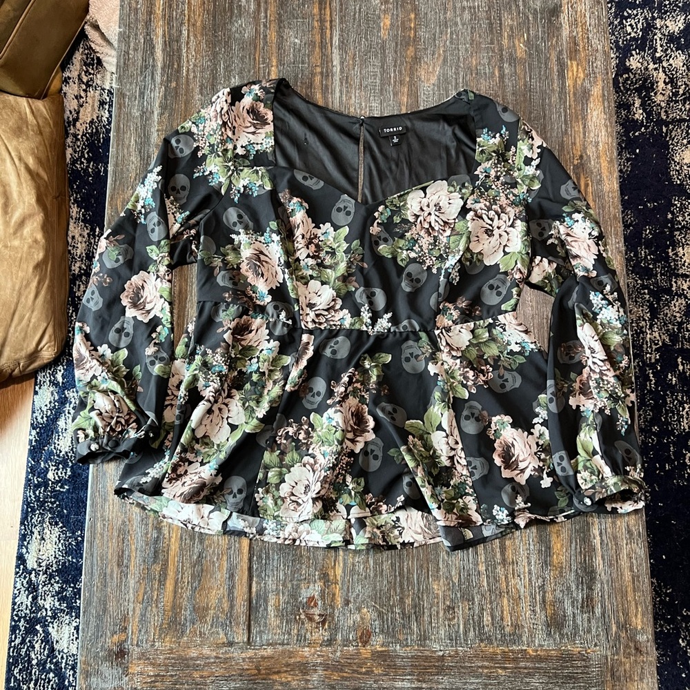 Torrid Black Floral Skull Blouse
